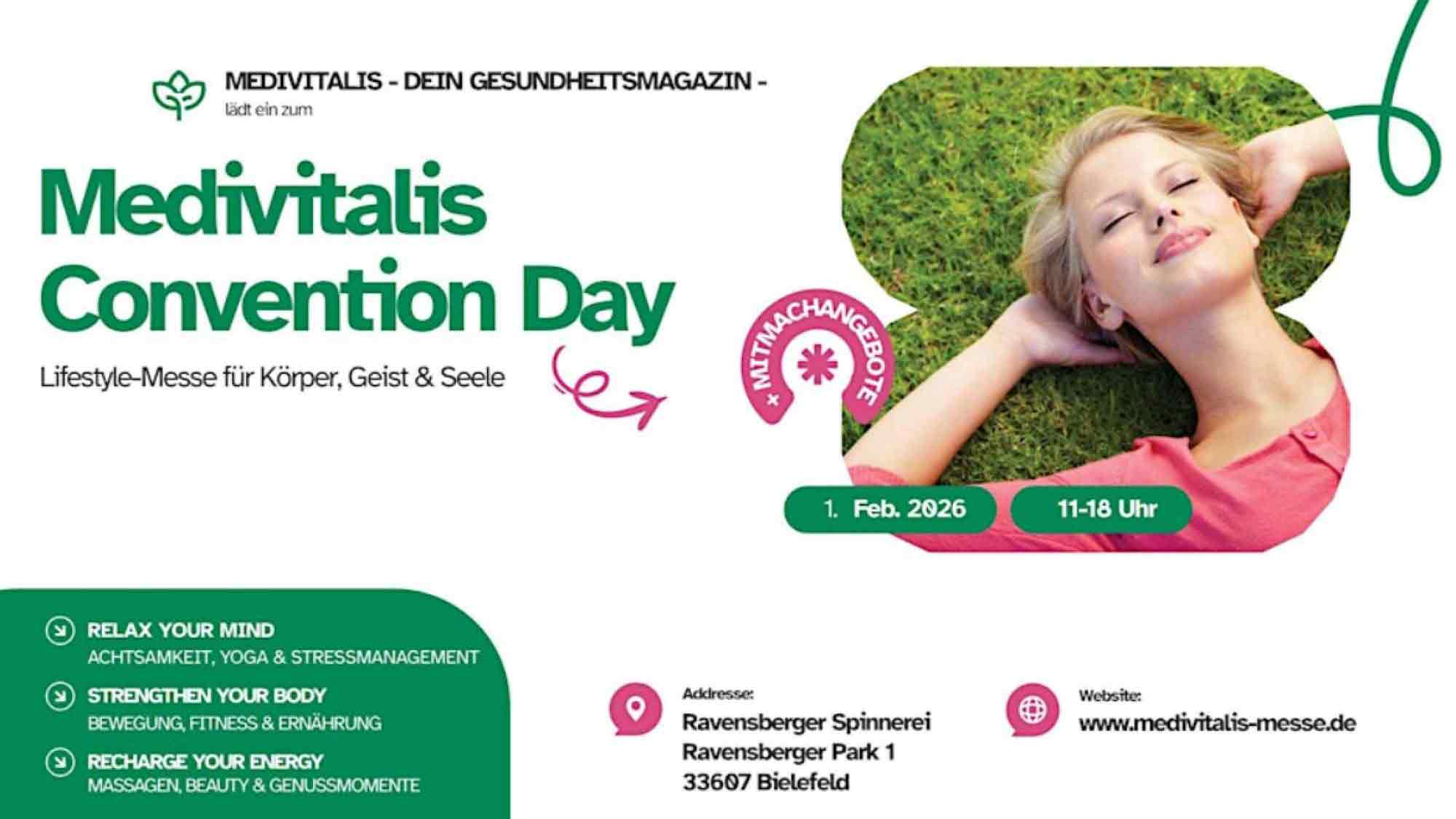 Medivitalis Convention Day – Lifestyle Messe für Körper, Geist und Seele, Ravensberger Spinnerei Bielefeld, 1. Februar 2026 Medivitalis Convention Day – Lifestyle Messe für Körper, Geist und Seele, Ravensberger Spinnerei Bielefeld, 1. Februar 2026