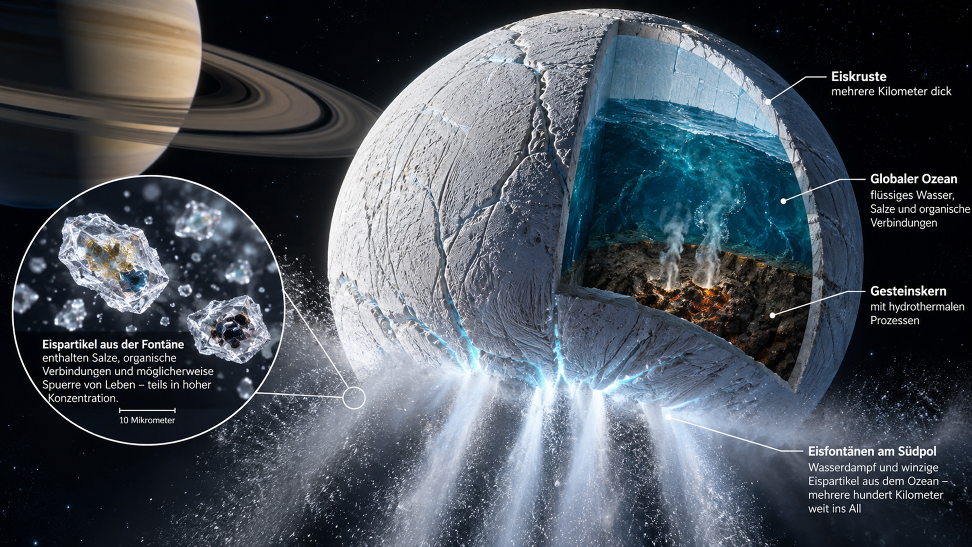Saturnmond Enceladus: Gute Nachrichten für die Suche nach Leben im All Saturnmond Enceladus: Gute Nachrichten für die Suche nach Leben im All
