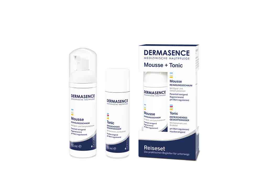 Reinigung to go plus Frischekick, das Dermasence Reinigungsduo im Reiseset, Mousse und Tonic, Abkühlung mit Dermasence Hyalusome Konzentrat Reinigung to go plus Frischekick, das Dermasence Reinigungsduo im Reiseset, Mousse und Tonic, Abkühlung mit Dermasence Hyalusome Konzentrat
