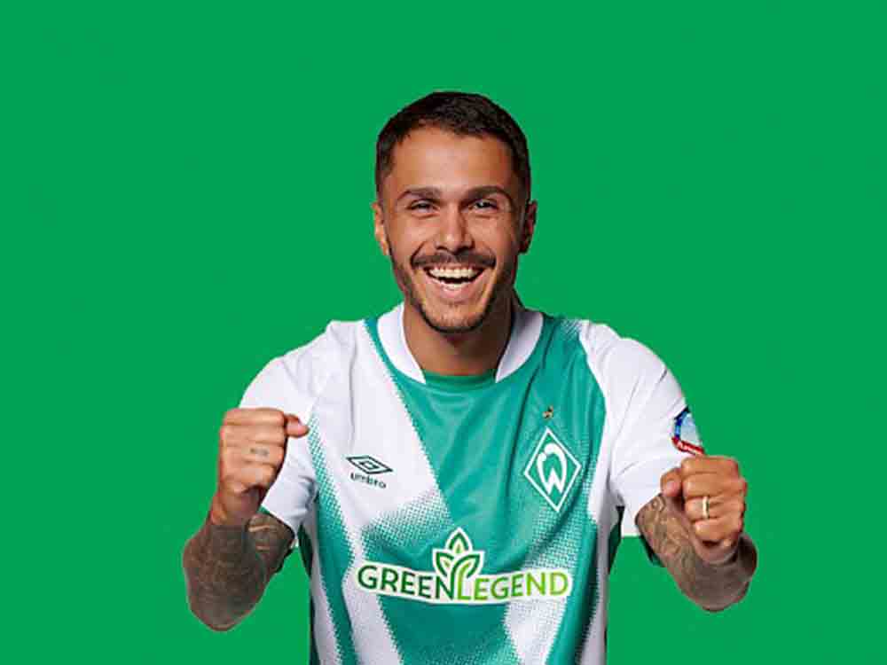 Werder trägt jetzt grüne Legenden auf der Brust, die vegane Produkt Marke Green Legend kommt auf das Heimtrikot Werder trägt jetzt grüne Legenden auf der Brust, die vegane Produkt Marke Green Legend kommt auf das Heimtrikot