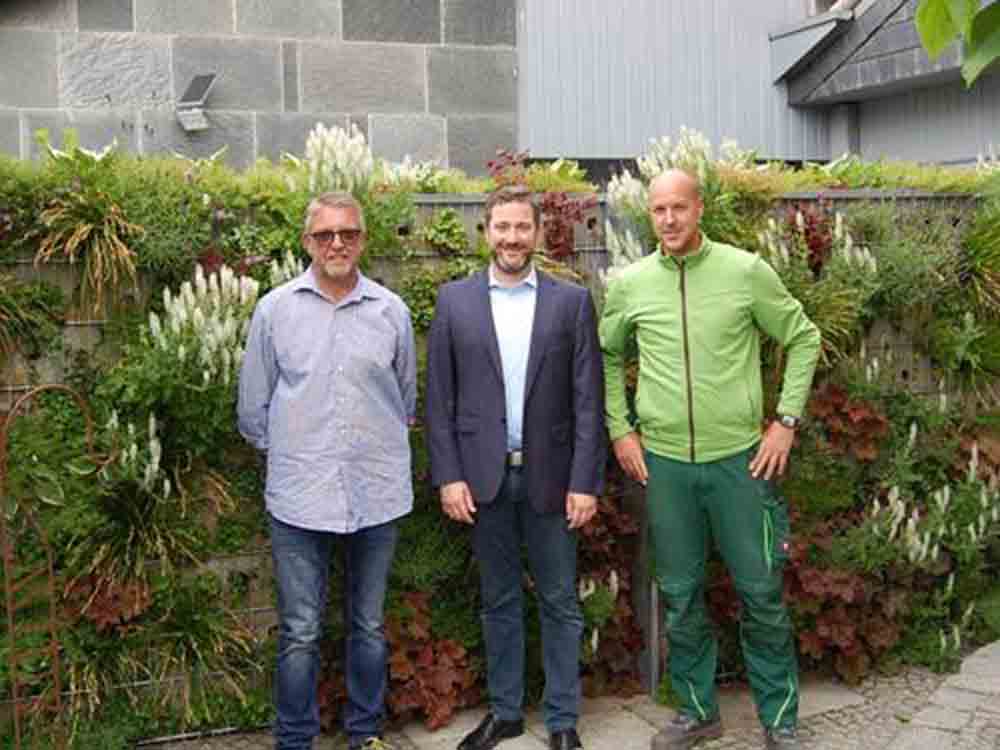 Herzebrock Clarholz, begrünte Gabionen für Umweltschutz, Schallschutz und Sichtschutz, Bürgermeister besucht Gartenbauunternehmen Hankemeier Herzebrock Clarholz, begrünte Gabionen für Umweltschutz, Schallschutz und Sichtschutz, Bürgermeister besucht Gartenbauunternehmen Hankemeier