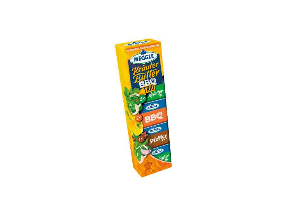 Mit Meggle Feuer und Flamme für die BBQ Saison, das Kräuter Butter Trio BBQ vereint würzig aromatische Butterspezialitäten in einem Riegel Mit Meggle Feuer und Flamme für die BBQ Saison, das Kräuter Butter Trio BBQ vereint würzig aromatische Butterspezialitäten in einem Riegel