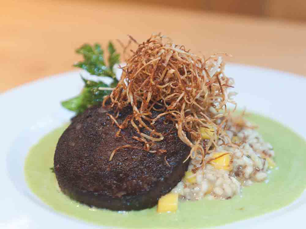 Rezepte für Gütersloh, (un-)typisch westfälisch, gebratene Blutwurst auf Pumpernickel Mango Risotto mit Selleriestroh und Basilikumsauce Rezepte für Gütersloh, (un-)typisch westfälisch, gebratene Blutwurst auf Pumpernickel Mango Risotto mit Selleriestroh und Basilikumsauce