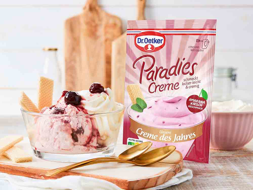 Anzeige: Dr. Oetker Bielefeld, für einen fruchtig leckeren Dessert Klassiker, Paradiescreme des Jahres, Amarena Kirsch Geschmack Anzeige: Dr. Oetker Bielefeld, für einen fruchtig leckeren Dessert Klassiker, Paradiescreme des Jahres, Amarena Kirsch Geschmack