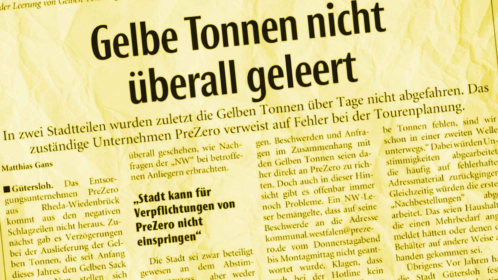 Gelber Alarm – Yellow Alert: Güterslohs Gelbe Probleme mit Gelben Tonnen von &raquo;PreZero&laquo;, Recycling läuft nicht rund